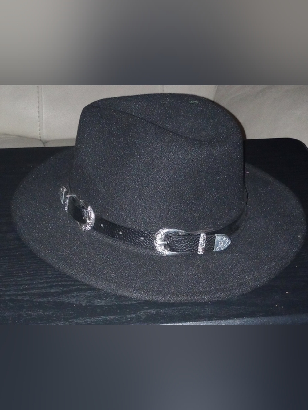 Black Felt Hat with Decorative Silver Buckle Band